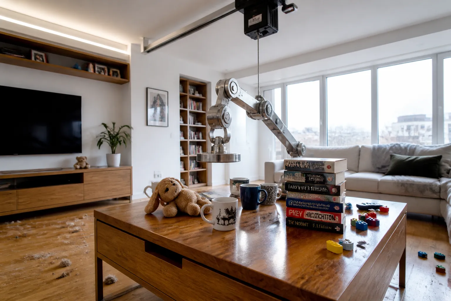 Home-Cleanup Robot Stringman Uses Cable-Suspended Crane to Pick Up Household Mess